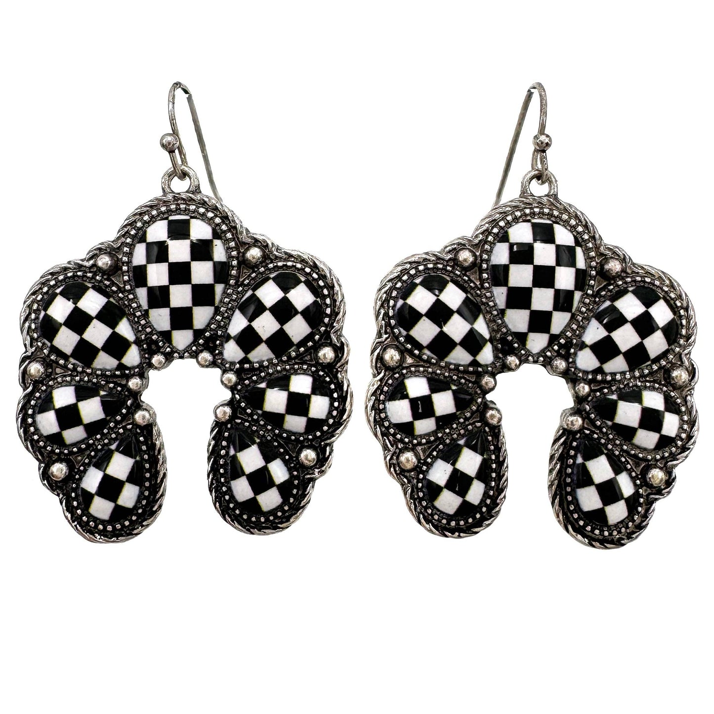 Checkered Print Western Squash Blossom Earrings