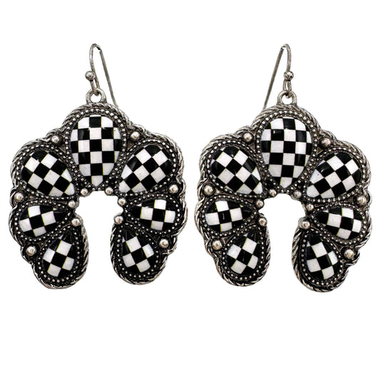 Checkered Print Western Squash Blossom Earrings