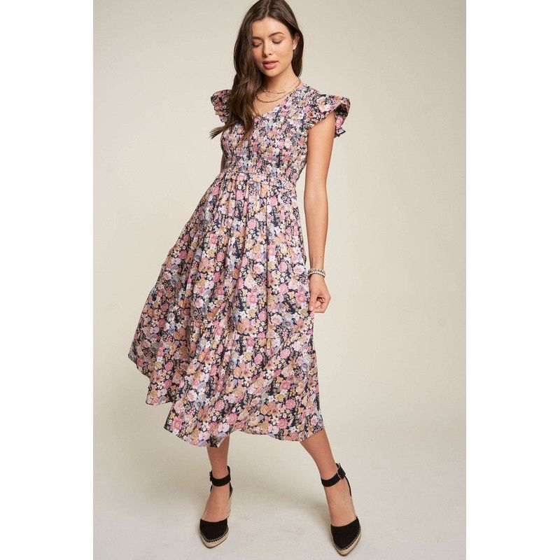 Vintage Garden Floral Flutter Smocking Midi Dress