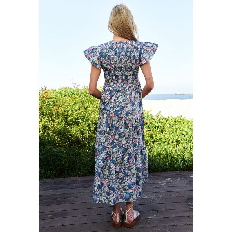 Vintage Garden Floral Flutter Smocking Midi Dress