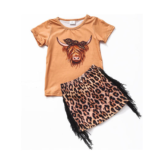 Cows Printed Cheetah Fringe Skirt 2 Pcs Set