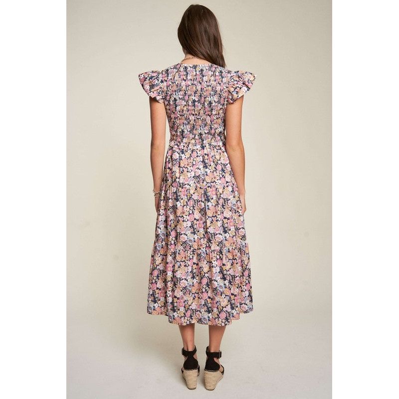 Vintage Garden Floral Flutter Smocking Midi Dress