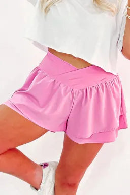 Bright Pink Crossed Waist Tiered Flowy Shorts
