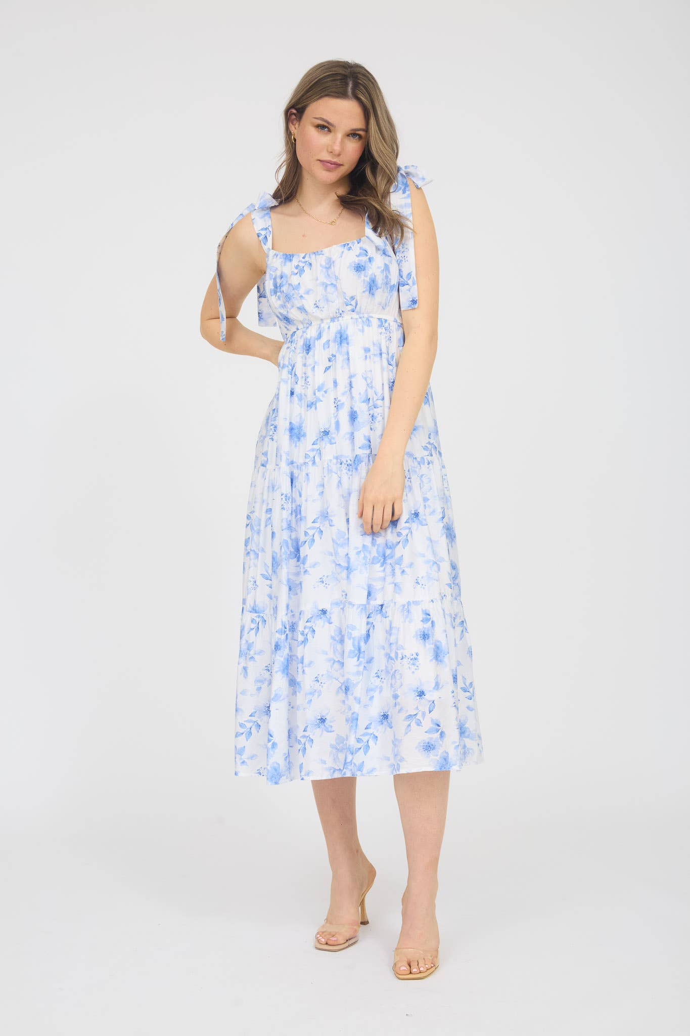 Floral Tie Strap Tiered Midi DRESS