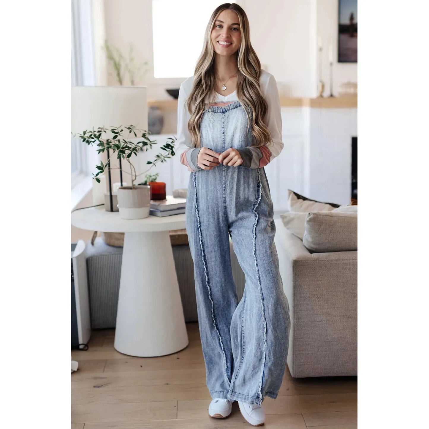 Beau Blue Light Wash Frayed Exposed Seam Wide Leg Denim Overall