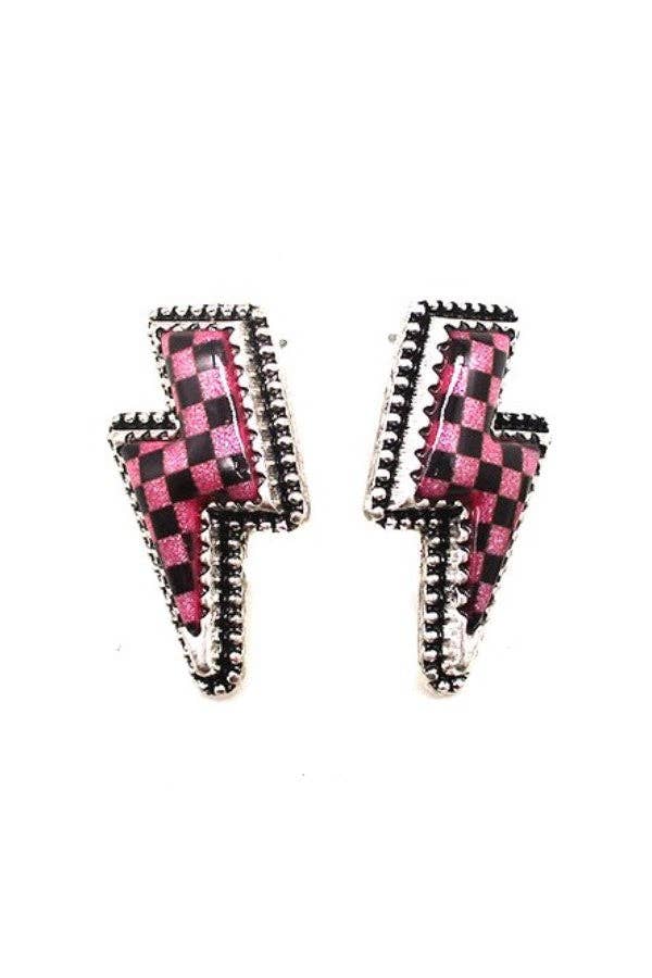 Checker Thunder Bolt Stud Earrings